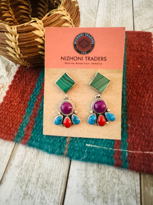 Old Pawn Navajo Sterling Silver & Multi Stone Dangle Earrings