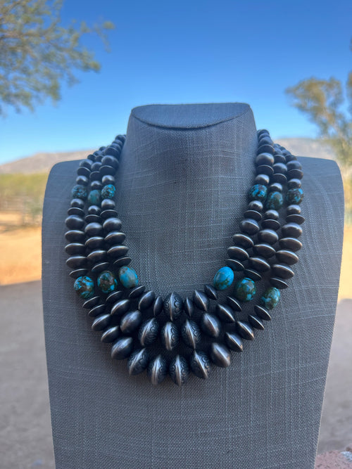 Handcrafted Rose Martin Sterling Silver & Kingman Turquoise Three Strand Necklace