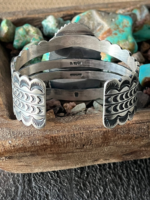 Handcrafted and Hand Stamped Sterling Silver and Royston Turquoise Cuff Bracelet by Diane Wylie