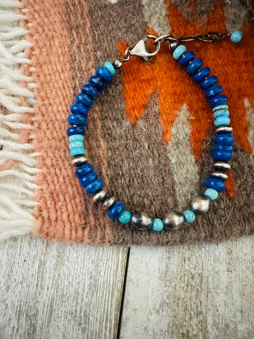 Navajo Sterling Silver Pearl, Lapis & Turquoise Beaded Bracelet