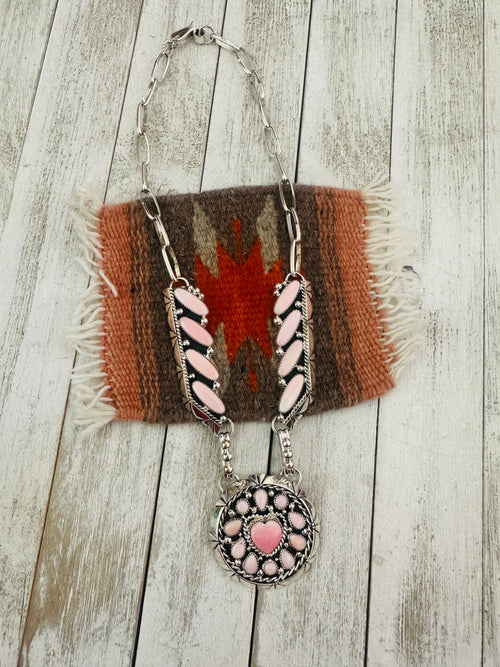 Handcrafted Queen Pink Conch & Sterling Silver Pearl Heart Necklace