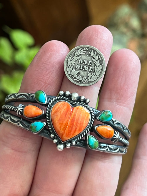 Handcrafted Split Sterling Silver, Sonoran Turquoise & Spiny Oyster Heart Cuff Bracelet by Diane Wylie