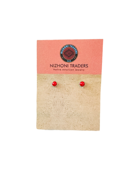 Old Pawn Navajo Sterling Silver & Coral Stud Earrings