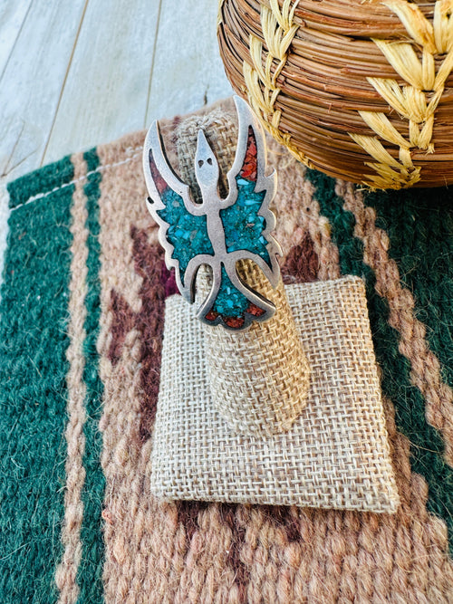 Old Pawn Handcrafted Turquoise, Coral & Sterling Silver Inlay Waterbird Ring Size 5.75