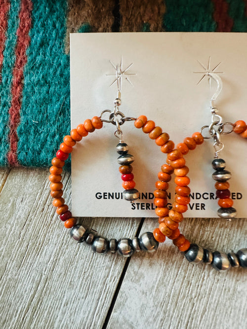 Navajo Orange Spiny & Sterling Silver Pearl Beaded Hoop Earrings