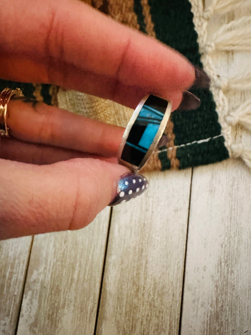 Old Pawn Handcrafted Onyx, Turquoise & Sterling Silver Inlay Ring Size 12