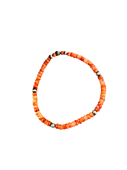 Navajo Orange Spiny & Sterling Silver Beaded Stretch Bracelet