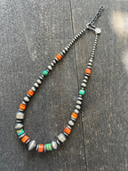 Navajo Made Electric Rainbow Sterling Silver, Turquoise and Spiny Oyster Single Strand Beaded Necklace by Rose Martin, 18 + 2 Inches