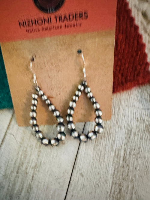 Navajo Sterling Silver Pearl Beaded Dangle Hoop Earrings