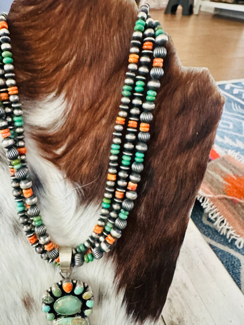 Handcrafted Vintage Old Pawn Turquoise, Spiny & Sterling Silver Beaded Necklace and Earring Set