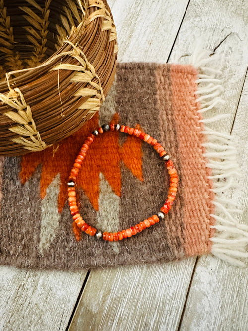 Navajo Orange Spiny & Sterling Silver Beaded Stretch Bracelet