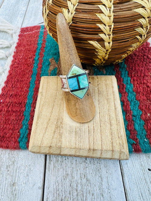 Old Pawn Navajo Sterling Silver, Turquoise & Onyx Inlay Ring Size 6.5