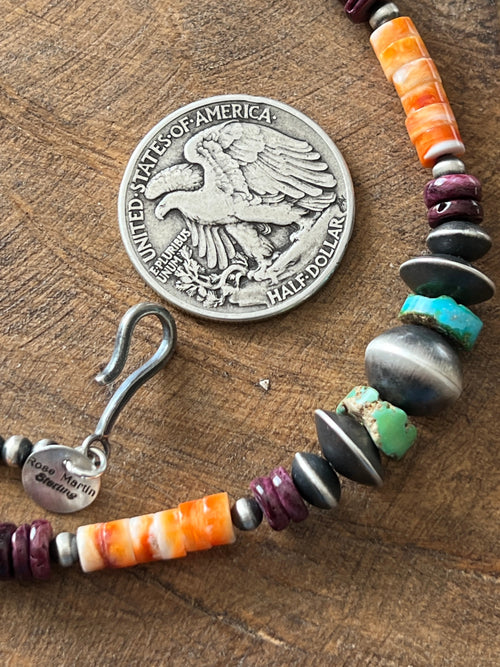 Navajo Made Electric Rainbow Sterling Silver, Turquoise and Spiny Oyster Single Strand Beaded Necklace by Rose Martin, 22 + 2 Inches