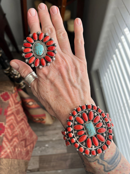 Navajo Sterling Silver, Mediterranean Coral and Spiderweb Kingman Turquoise Cuff Bracelet by Tyler Brown