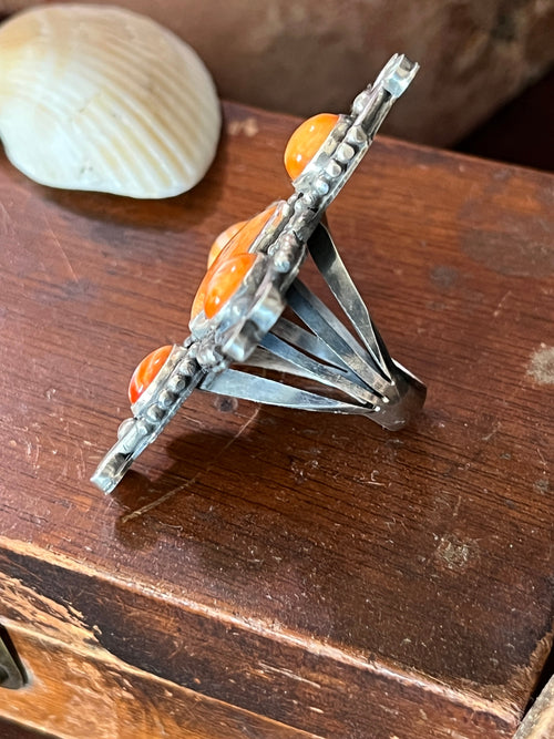 Apache Sterling Silver and Orange Spiny Oyster Shell 4 Direction Ring by Rosella Paxson, Size 10