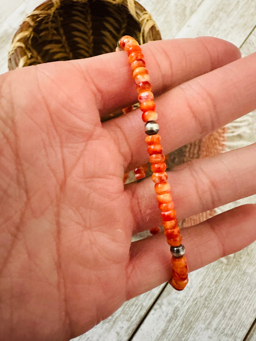 Navajo Orange Spiny & Sterling Silver Beaded Stretch Bracelet