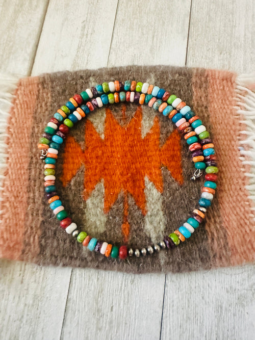 Navajo Multi Stone & Sterling Silver Beaded Wrap Choker Necklace
