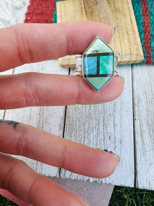 Old Pawn Navajo Sterling Silver, Turquoise & Onyx Inlay Ring Size 6.5