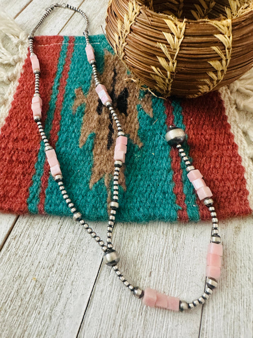 Handcrafted Queen Pink Conch & Sterling Silver Beaded Lariat Necklace