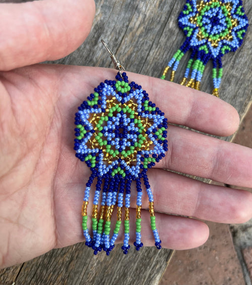 Handmade MultiColor Beaded Dangle Earrings (Blue, Green, & Gold)