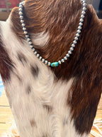 Handcrafted Turquoise & 6mm Sterling Silver Pearl 14" Beaded Necklace