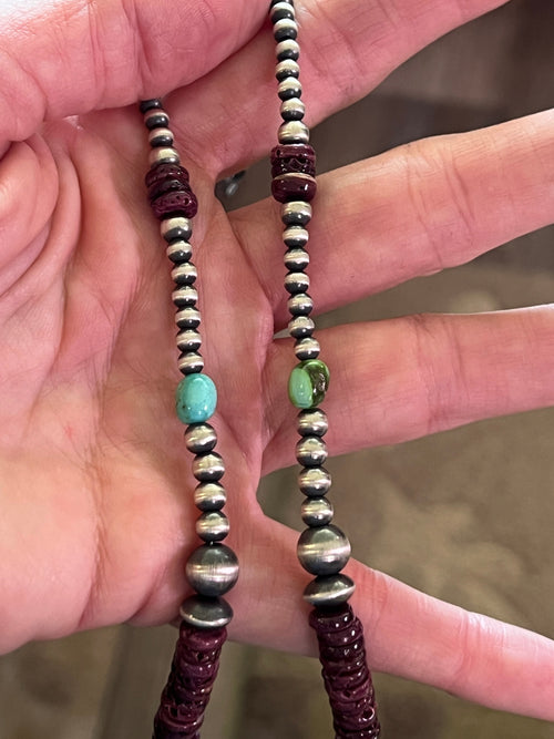 Navajo Electric Rainbow Sterling Silver, Turquoise and Purple Spiny Oyster Single Strand Beaded Necklace by Rose Martin, 16 + 2 Inches
