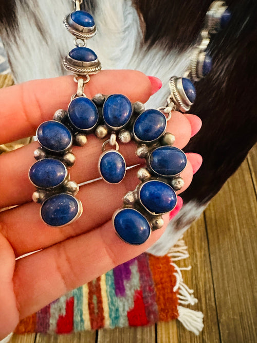 Handcrafted Lapis & Sterling Silver Squash Blossom Necklace and Earring Set