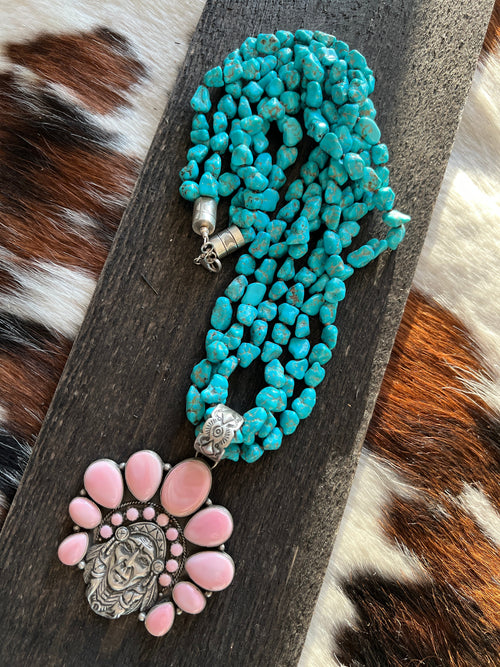 Handcrafted Sterling Silver Pink Conch Chief and Triple Strand Turquoise Nugget Bead Necklace by Patrick Yazzie
