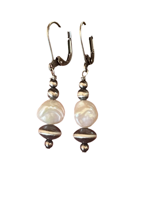 Navajo Made Summer Lovin’ Sterling Silver and Freshwater Pearl Bead Drop Earrings, Leverback