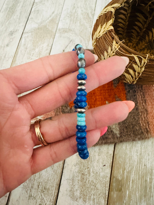 Navajo Sterling Silver Pearl, Lapis & Turquoise Beaded Bracelet