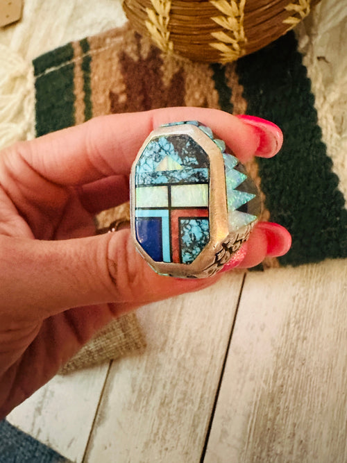 Handcrafted Old Pawn Multi Stone and Sterling Silver Inlay Ring Size 11