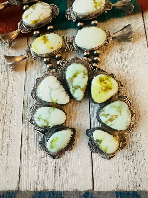 Navajo Palomino Variscite Turquoise & Sterling Silver Squash Blossom Necklace Set by Kee Yazzie Jr.