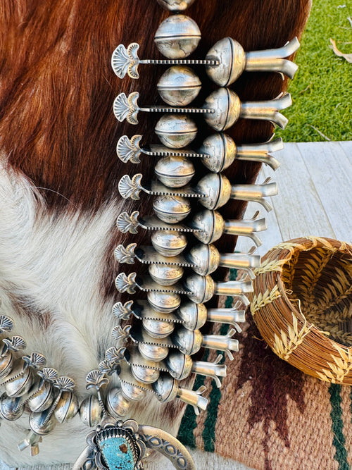 Handcrafted Vintage Old Pawn Turquoise & Sterling Silver Beaded Squash Blossom Necklace by James McCabe