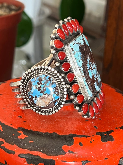 Navajo Sterling Silver, Mediterranean Coral & Golden Hills Turquoise Cuff Bracelet by Tyler Brown
