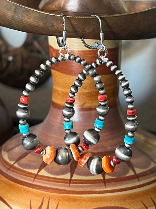 Navajo Made Electric Rainbow Sterling Silver, Turquoise & Spiny Oyster Beaded Drop Hoop Earrings, Leverback