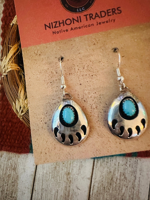 Handcrafted Old Pawn Sterling Silver & Turquoise Bear Paw Dangle Earrings