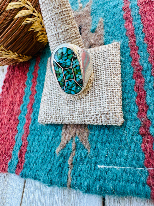 Old Pawn Handcrafted Kingman Turquoise & Sterling Silver Cigar Band Ring Size 11.75