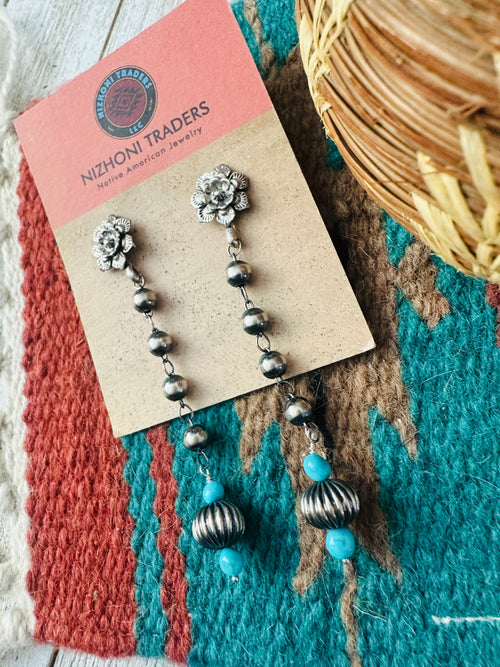 Navajo Turquoise & Sterling Silver Beaded Flower Dangle Earrings