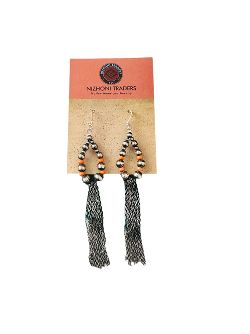 Navajo Orange Spiny & Sterling Silver Pearl Beaded Hoop Earrings