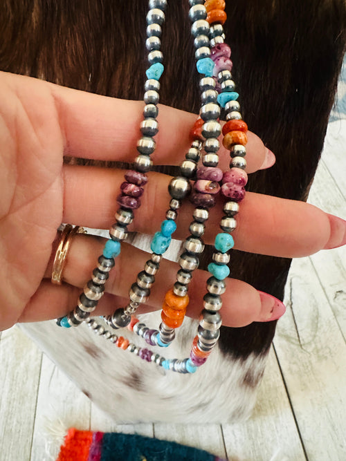 Handcrafted Sterling Silver, Spiny Oyster & Turquoise Beaded Necklace