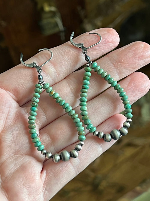 Handcrafted Sterling Silver and Turquoise Beaded Drop Hoop Earrings, Leverback
