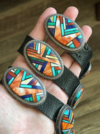 Phenomenal Old Pawn Handcrafted Sterling Silver and Multi Stone Inlay Concho Belt by Ray Jack