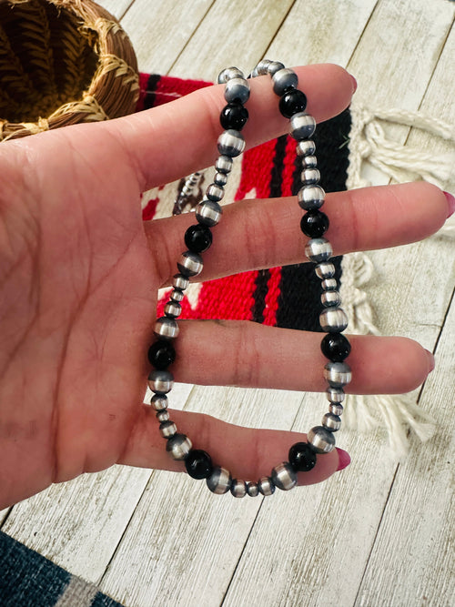 Handcrafted Sterling Silver Pearl & Onyx Beaded 16” Necklace