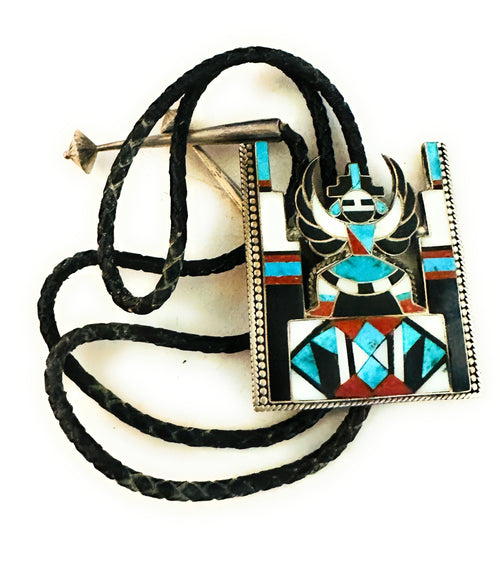 Vintage Old Pawn Zuni Multi Stone & Sterling Silver Inlay Knifewing Bolo Tie
