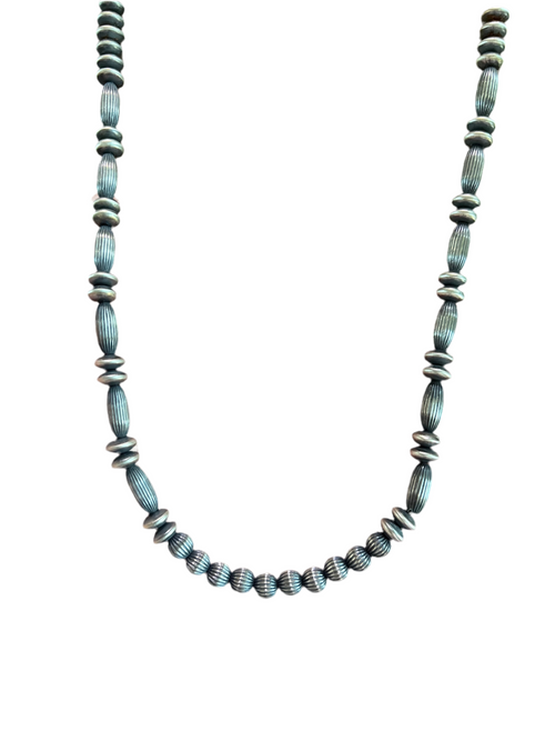 Old Pawn Sterling Silver Navajo Saucer and Corrugated Bead Necklace, 24 inches