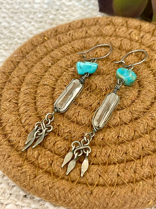 Old Pawn Handmade Sterling Silver & Turquoise Dangle Earrings