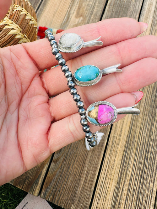 Handcrafted 3mm Sterling Silver Pearl & Multi Stone Blossom Stretch Bracelet