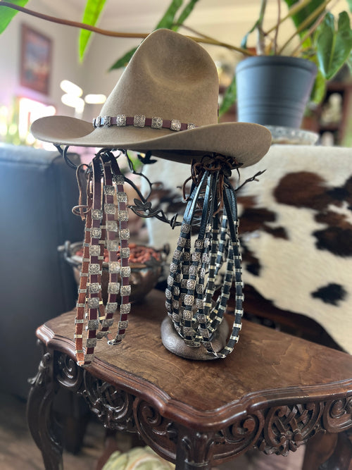 Leather and Sterling Silver Concho Slide Hat Band, Mahogany Leather