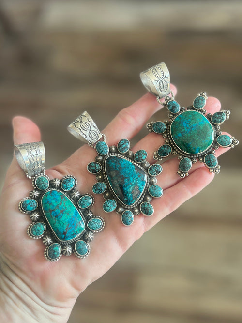 Apache Made Sterling Silver, Hubei Turquoise & Chrysocolla Cluster Pendant by Rosella Paxson
