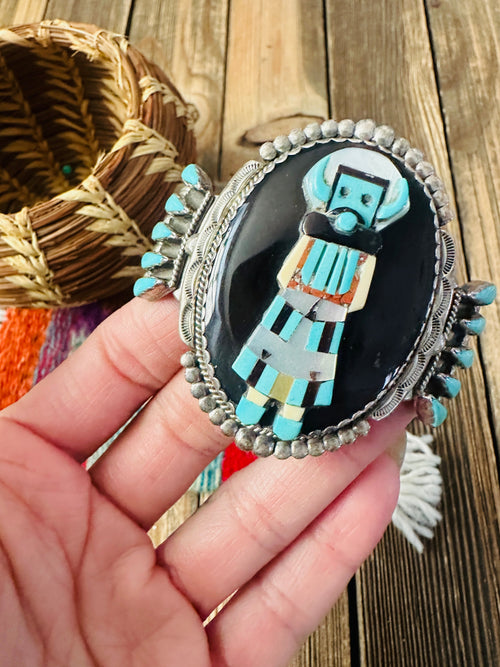 Handcrafted Old Pawn Sterling Silver & Multi Stone Inlay Kachina Cuff Bracelet